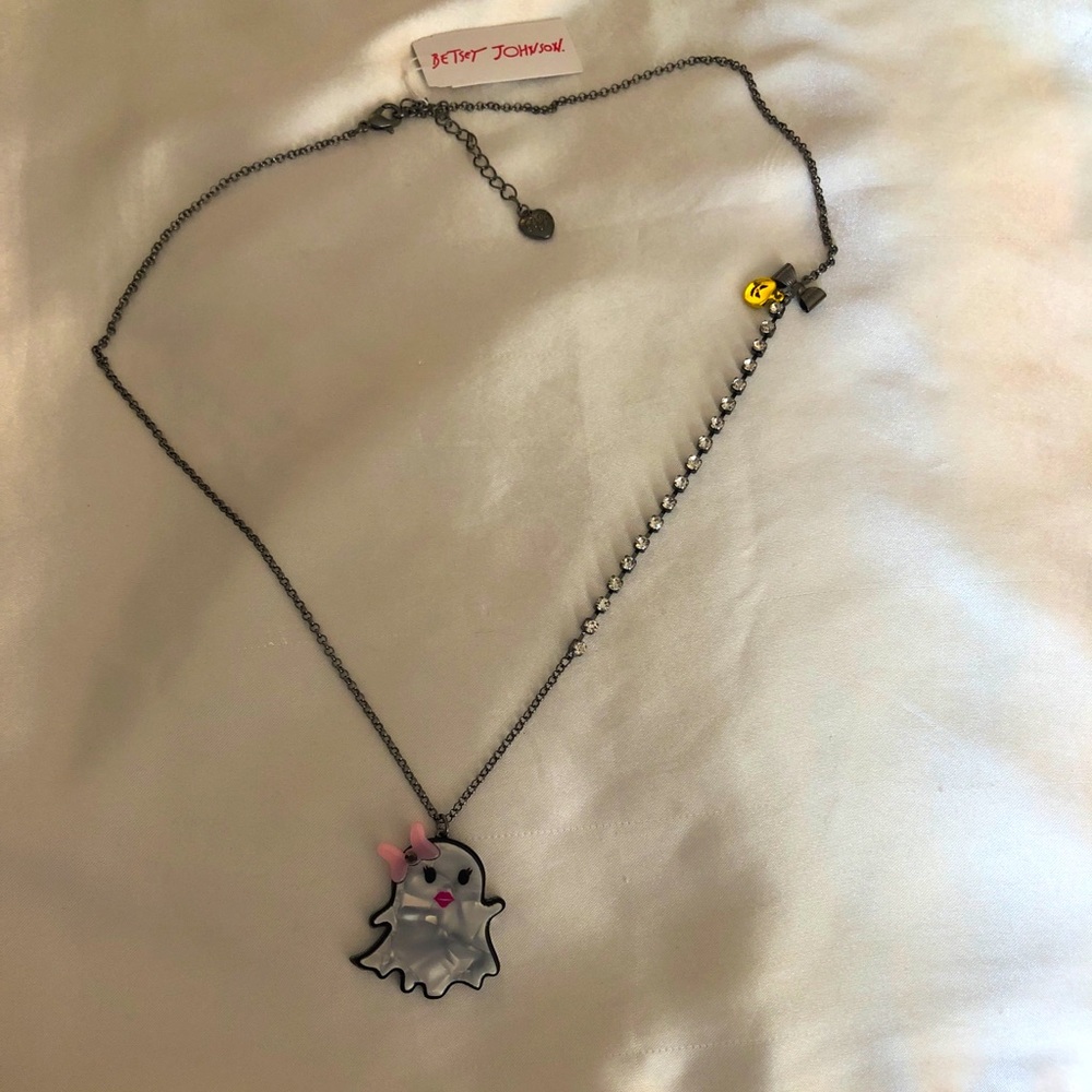 Betsey Johnson Hematite Tone Punk And Spice Girl Ghost Pendant Necklace NWT